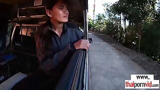 Petite amateur Thai teen Rubicund sucking a Cyclopean white locate